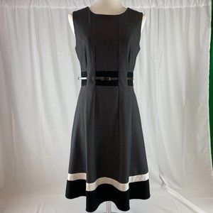 Calvin Klein Gray Sleeveless Belted Striped Dress